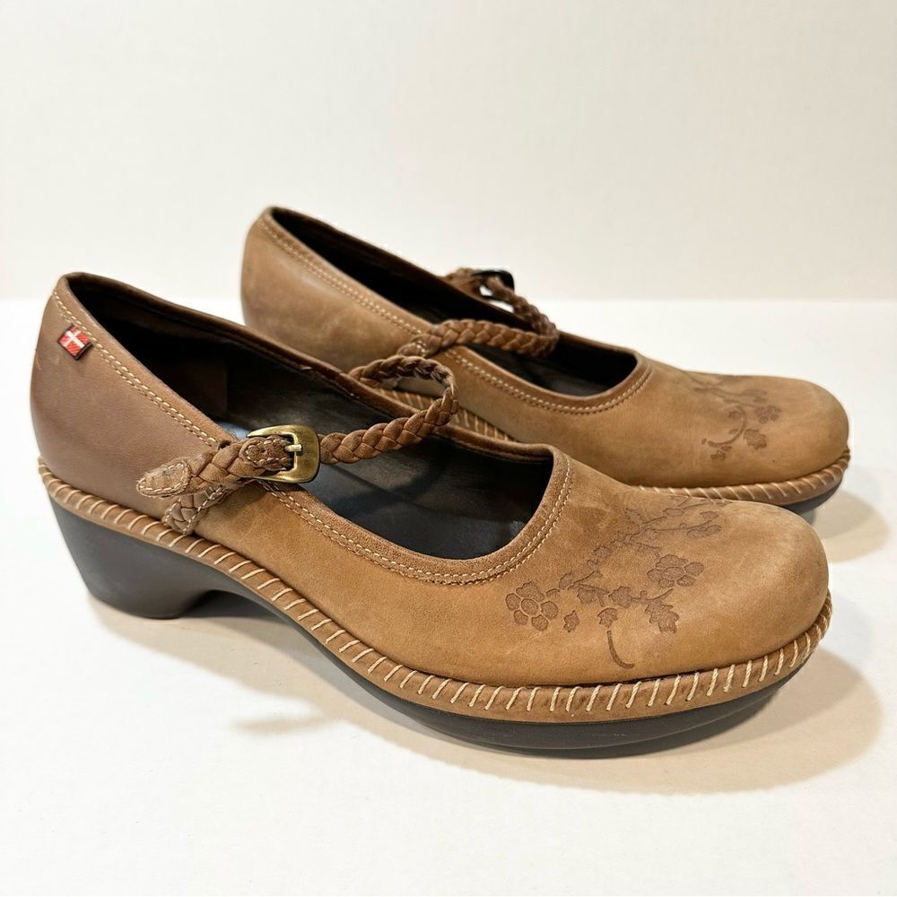 Ecco Brown Leather Mary Jane Slip On Shoes Embossed Floral Size 39